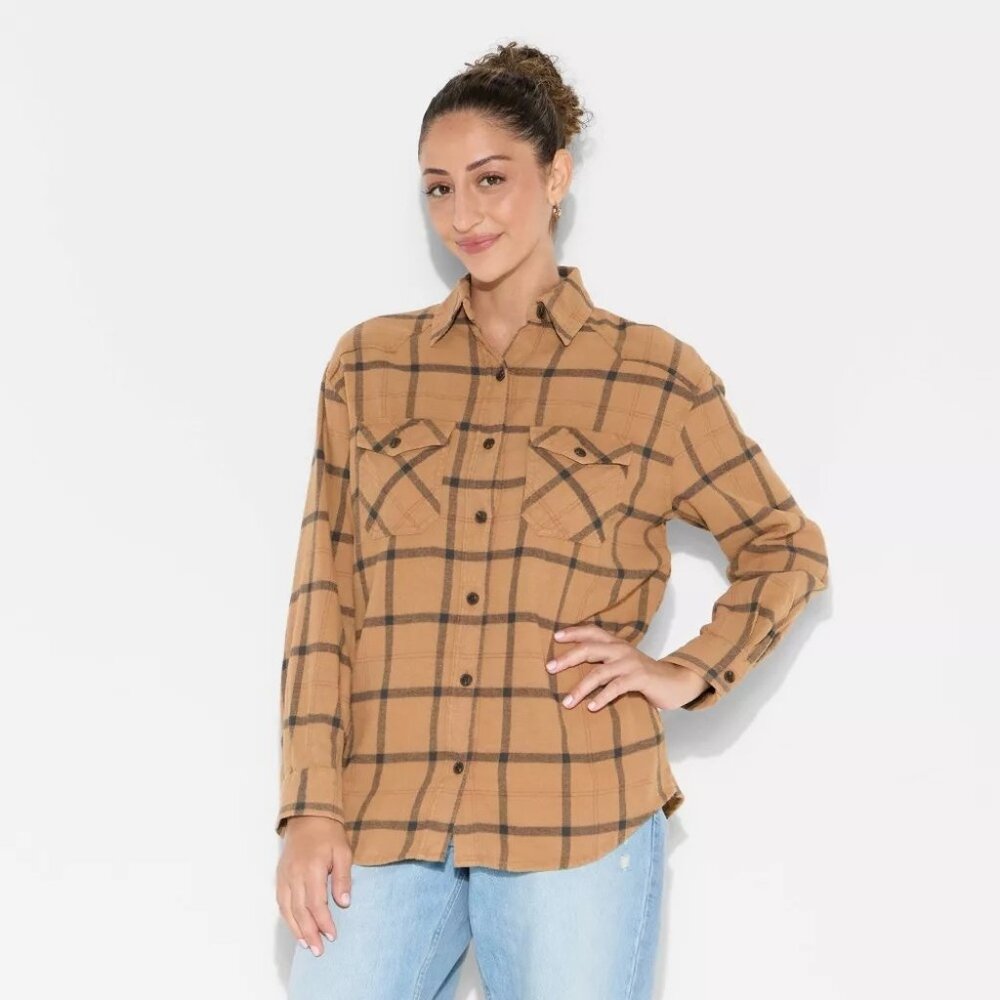 NEW Wild Fable Oversized Long Sleeve Collared Flannel Shirt - Brown Plaid - XXS